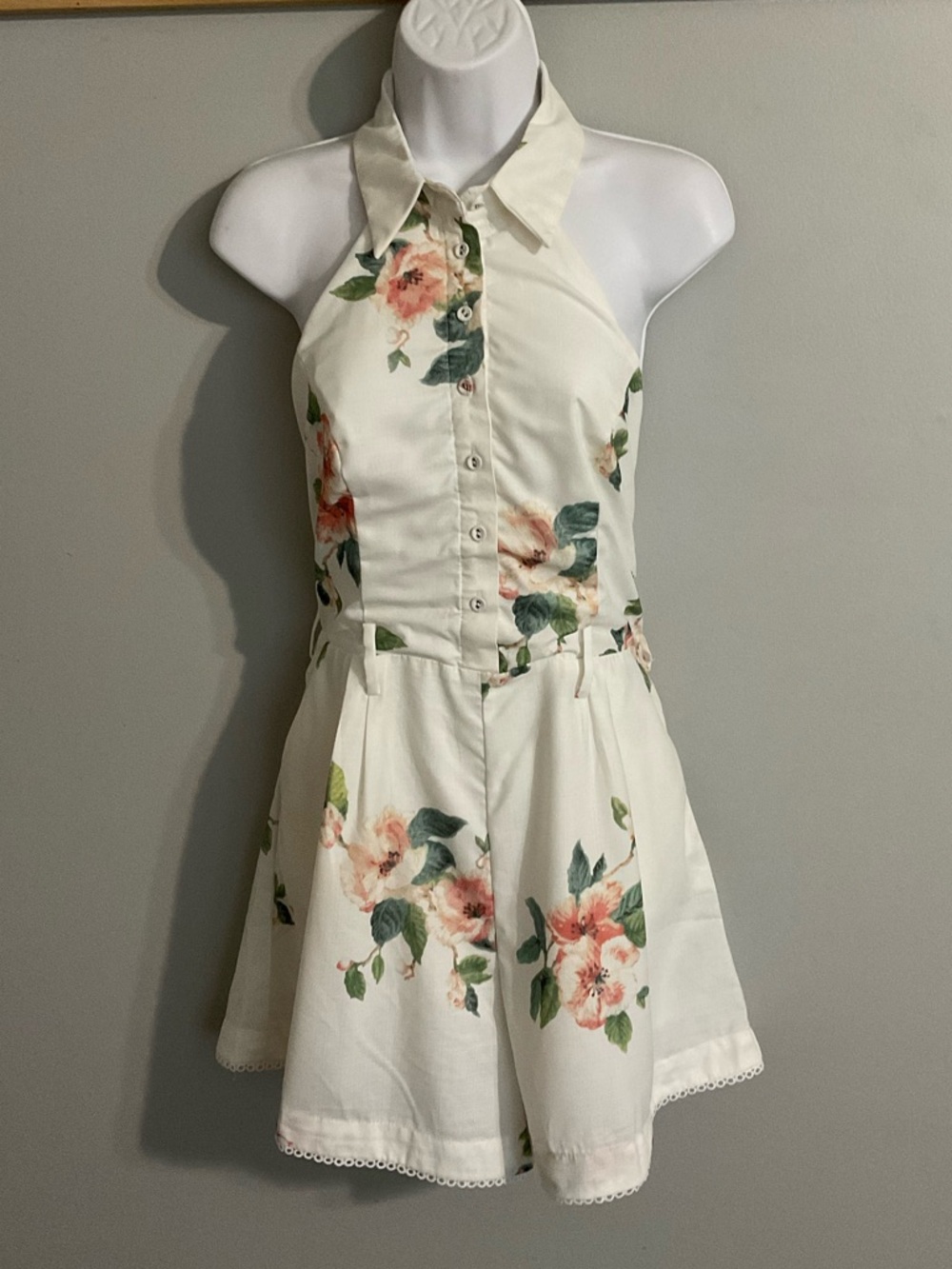 Luxxel White Floral Halter Collared Shorts Romper- Lined-Large